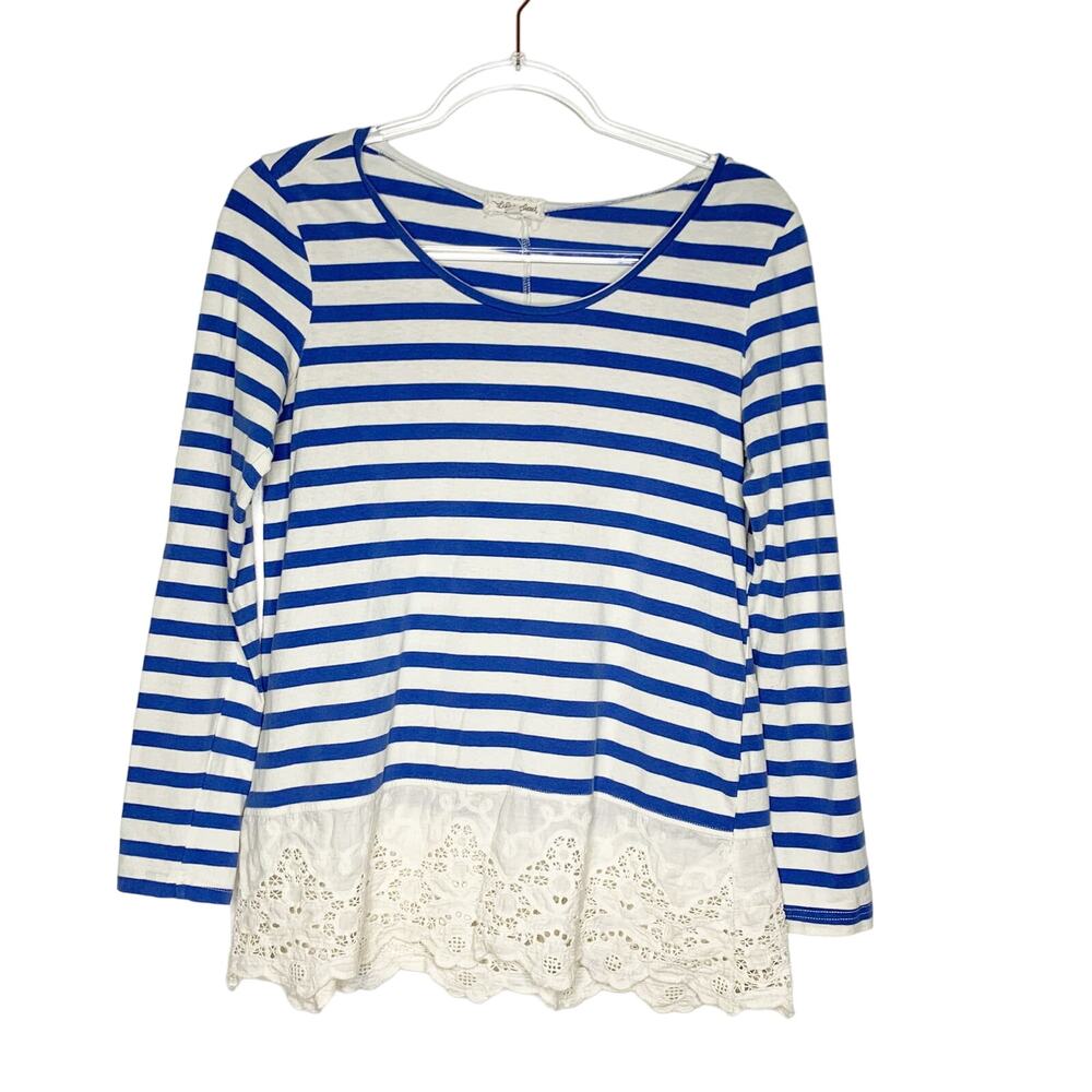 LILIS CLOSET Long Sleeve T-Shirt Eyelet Lace-Trim Striped Blue White Size Small - Picture 3 of 8